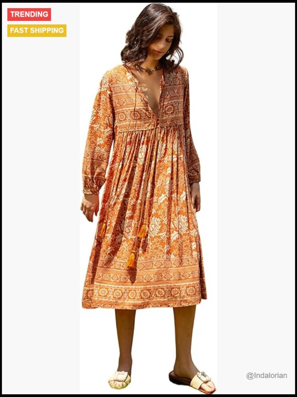 Women's Long Sleeve Floral Print V Neck Tassel Casual Bohemian Midi Dress